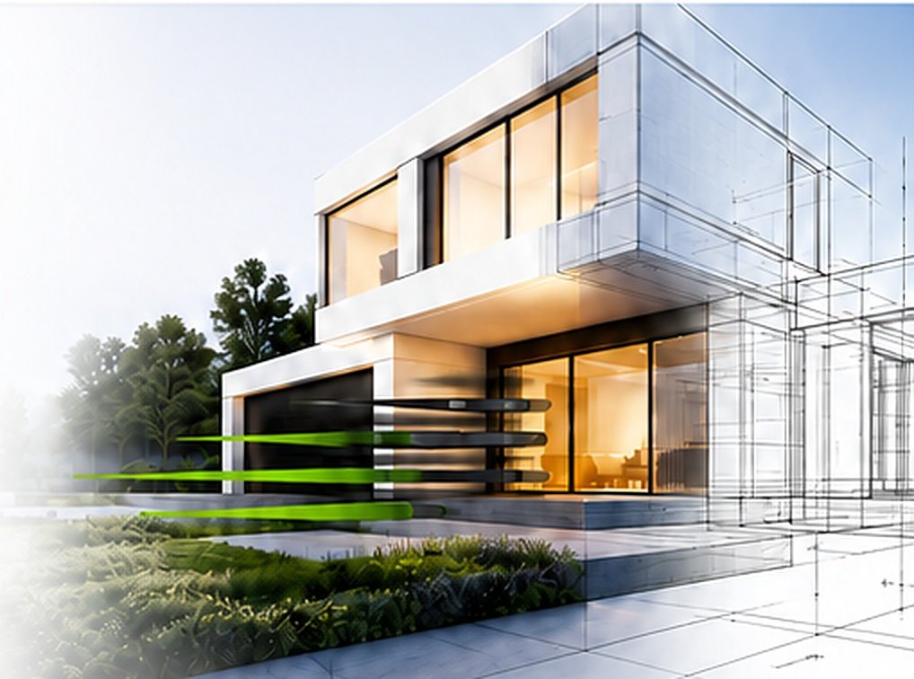 Modernes Wohnhaus als Architekturvisualisierung mit überlagerter Entwurfszeichnung